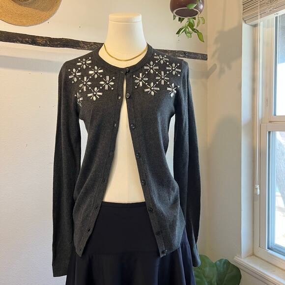 Gray Button Front Crystal Embroidered Holiday Winter Cardigan Sweater Size XS - Picture 2 of 11